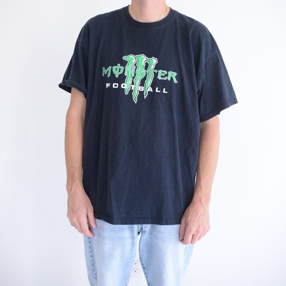 Vintage Y2K Monster Energy Drink Football Black Green Short Sleeve T Shirt 2XL